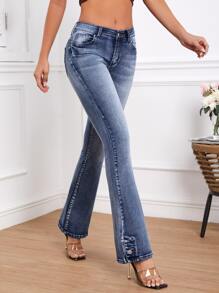 Slant Pocket Bleach Wash Flare Leg Jeans - Dark Wash - View 1