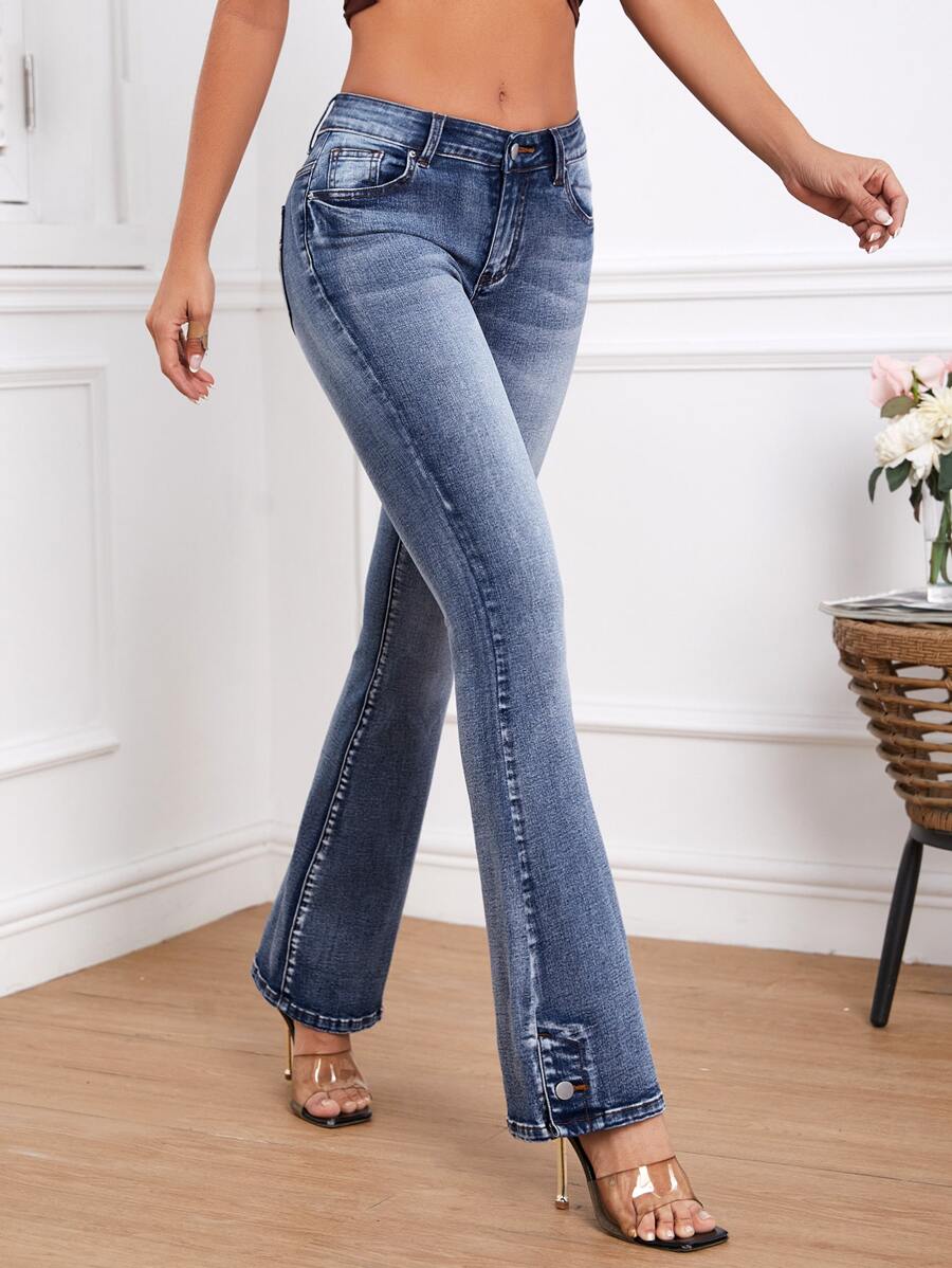 Slant Pocket Bleach Wash Flare Leg Jeans - Dark Wash - View 1