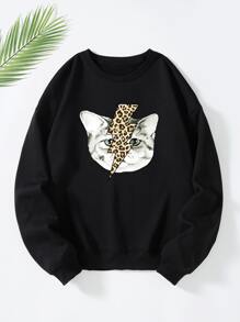 SHEIN Essnce Plus Cat Print Thermal Lined Sweatshirt - Black - View 1