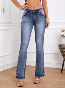 Slant Pocket Bleach Wash Flare Leg Jeans - Dark Wash - View 4