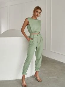 Sollinarry Bộ đồ hai mảnh nữ Nút Túi Dây kéo Dày màu trơn Giải trí - Màu xanh Bạc hà - Xem 1