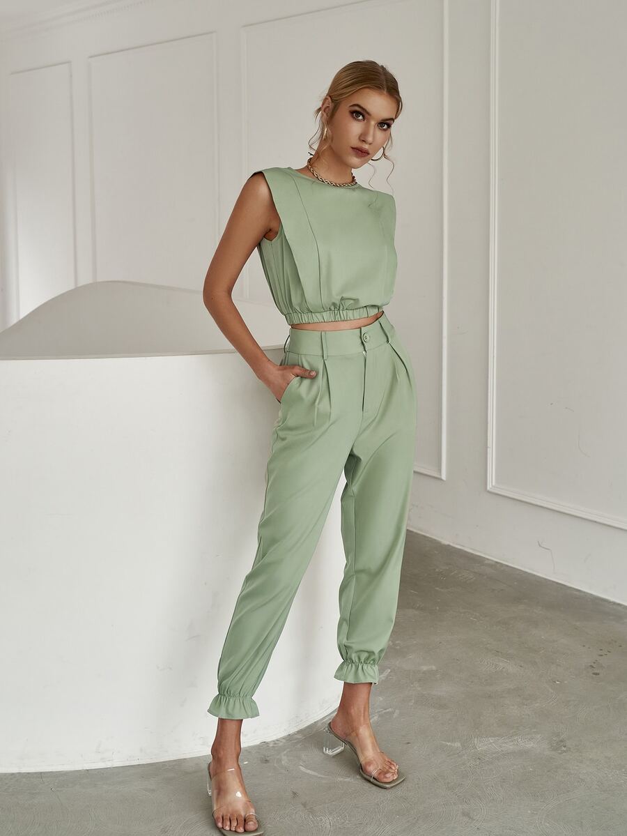 Sollinarry Bộ đồ hai mảnh nữ Nút Túi Dây kéo Dày màu trơn Giải trí - Màu xanh Bạc hà - Xem 1