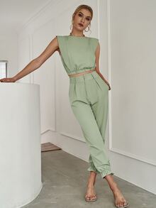 Sollinarry Bộ đồ hai mảnh nữ Nút Túi Dây kéo Dày màu trơn Giải trí - Màu xanh Bạc hà - Xem 3