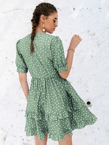 Simplee Polka Dot Surplice Neck Ruffle Hem Dress - Mint Green - View 2