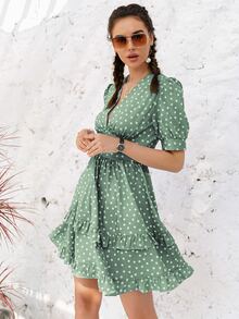 Simplee Polka Dot Surplice Neck Ruffle Hem Dress - Mint Green - View 3