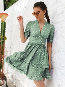Simplee Polka Dot Surplice Neck Ruffle Hem Dress - Mint Green - View 4