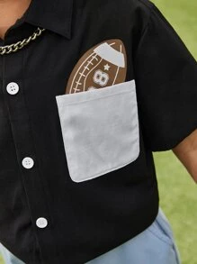 SHEIN 男孩卡通圖案補丁貼口袋襯衫 - 黑色 - 查看 8