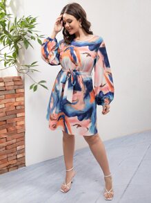 SHEIN LUNE Vestido con cinturón de tie dye de manga farol - Multicolor - Ver 1