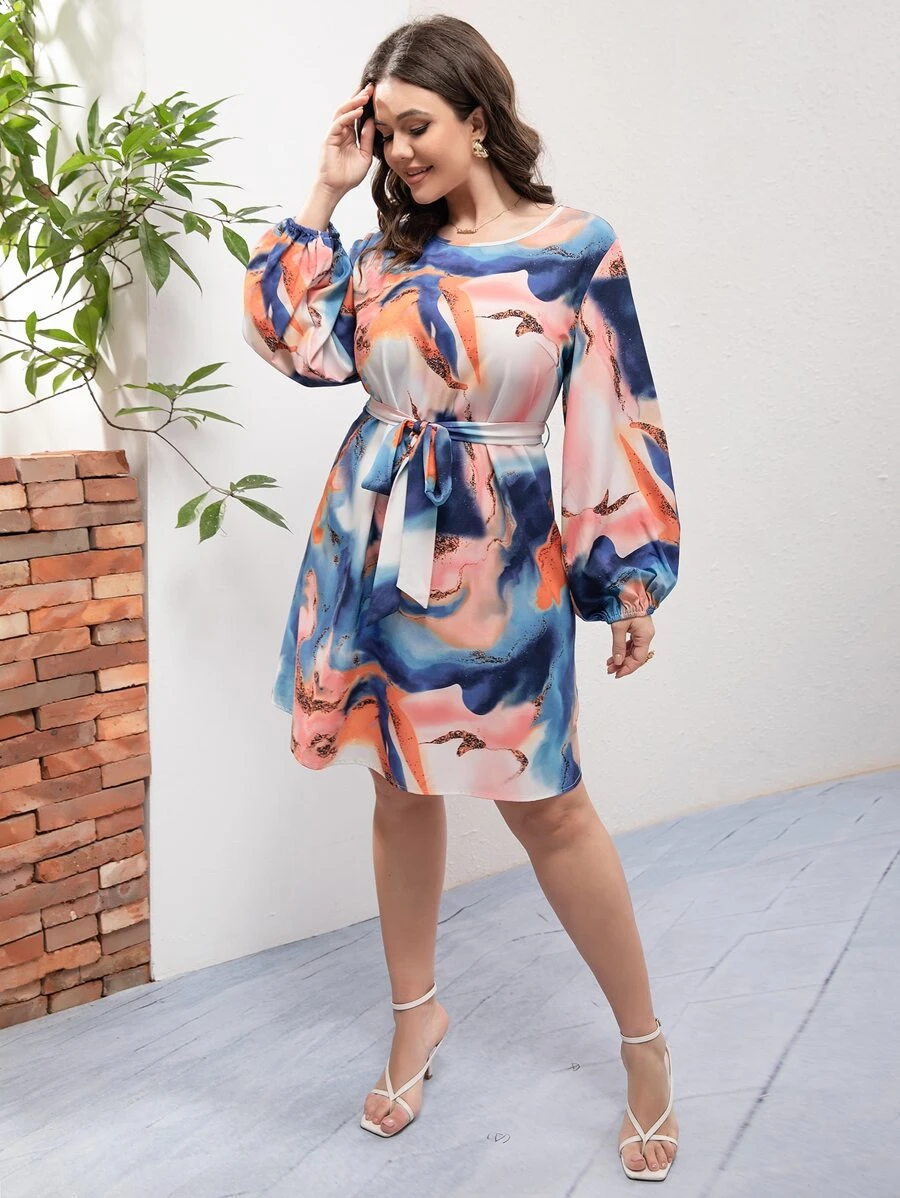 SHEIN LUNE Vestido con cinturón de tie dye de manga farol - Multicolor - Ver 1