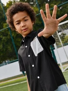 SHEIN 男孩卡通圖案補丁貼口袋襯衫 - 黑色 - 查看 6