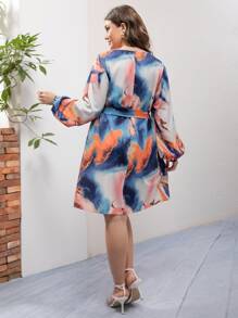 SHEIN LUNE Vestido con cinturón de tie dye de manga farol - Multicolor - Ver 2