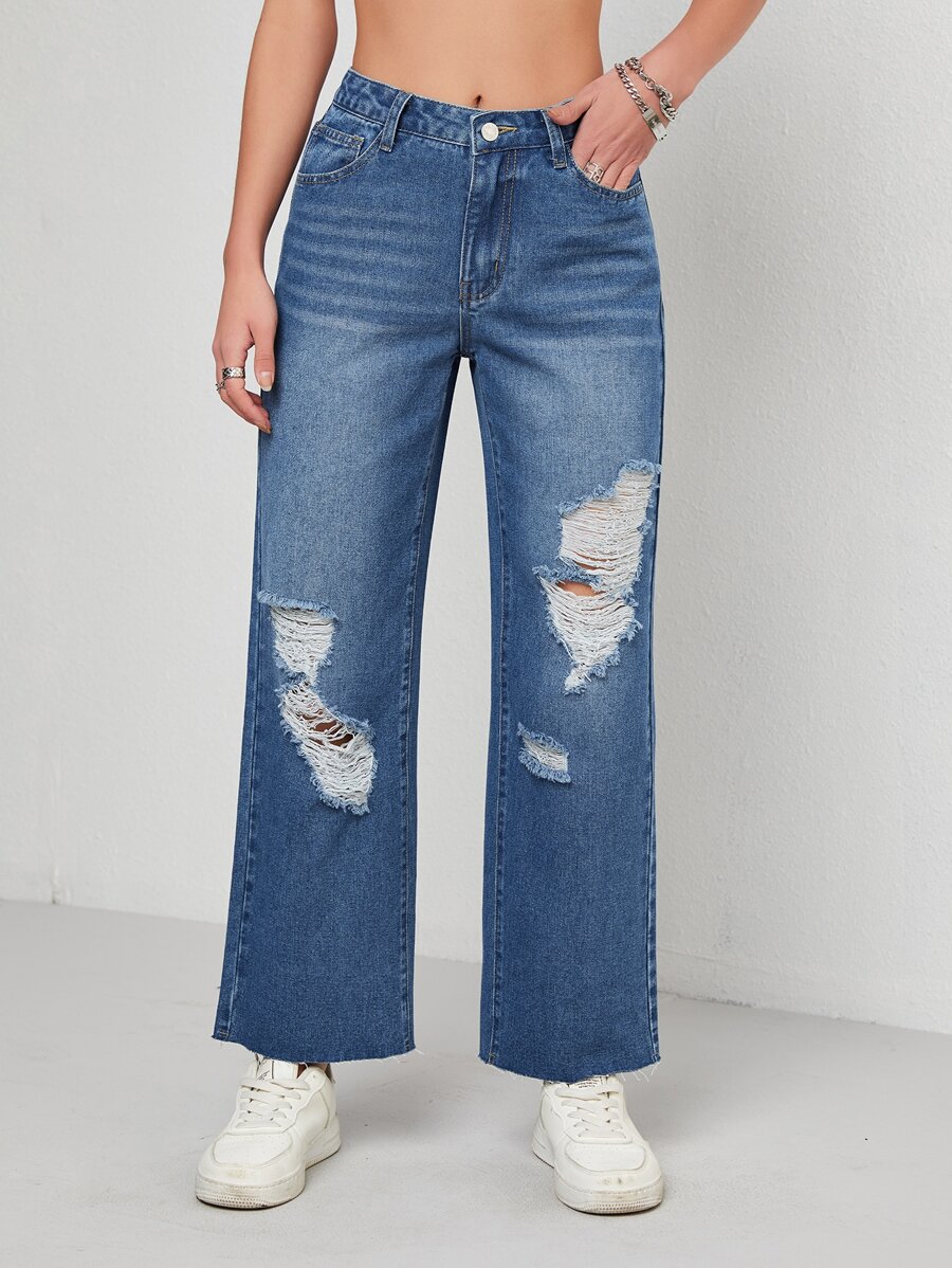 Ripped Slant Pocket Jeans - Medium Wash - View 1