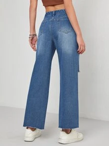 Ripped Slant Pocket Jeans - Medium Wash - View 2