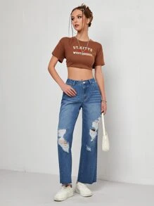 Ripped Slant Pocket Jeans - Medium Wash - View 3