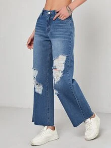 Ripped Slant Pocket Jeans - Medium Wash - View 5