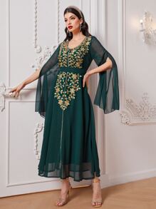 Al Najma 花卉刺繡開衩袖洋裝 - 墨綠色 - 查看 1