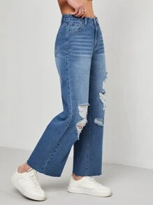 Ripped Slant Pocket Jeans - Medium Wash - View 6