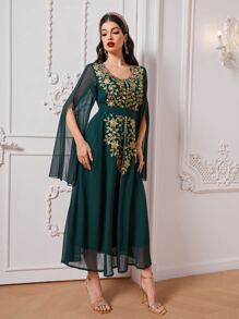 Al Najma 花卉刺繡開衩袖洋裝 - 墨綠色 - 查看 3