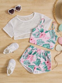 SHEIN 小女童網紗短款上衣和熱帶圖案吊帶背心和短褲 - 彩色 - 查看 1