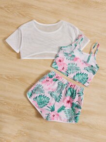 SHEIN 小女童網紗短款上衣和熱帶圖案吊帶背心和短褲 - 彩色 - 查看 2