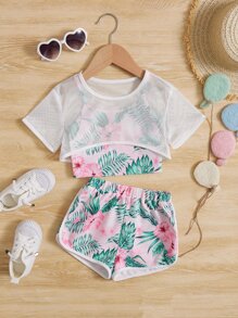 SHEIN 小女童網紗短款上衣和熱帶圖案吊帶背心和短褲 - 彩色 - 查看 3