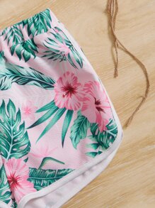 SHEIN 小女童網紗短款上衣和熱帶圖案吊帶背心和短褲 - 彩色 - 查看 4