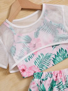 SHEIN 小女童網紗短款上衣和熱帶圖案吊帶背心和短褲 - 彩色 - 查看 5