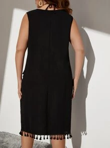 Swim Lushoire Plus Size Tassel Trim Cover Up Summer - Black - View 2