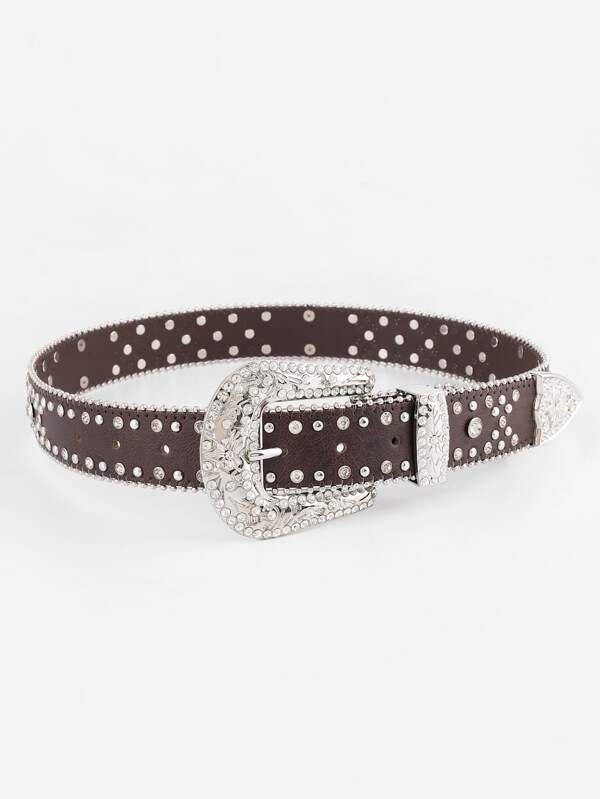 1pc Women's Coffee-colored Cross & Rhinestone Decor Chain Link Belt, Fashionable West Cowboy Style Metallic Belt, Suitable For Daily Wear & As A Gift On Festival Or Valentine's Day, Also Suitable For Use On Beach And Other Clothing Accessories