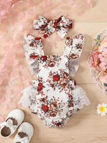 Baby Girl Floral Print Contrast Lace Ruffle Trim Bodysuit - White - View 1
