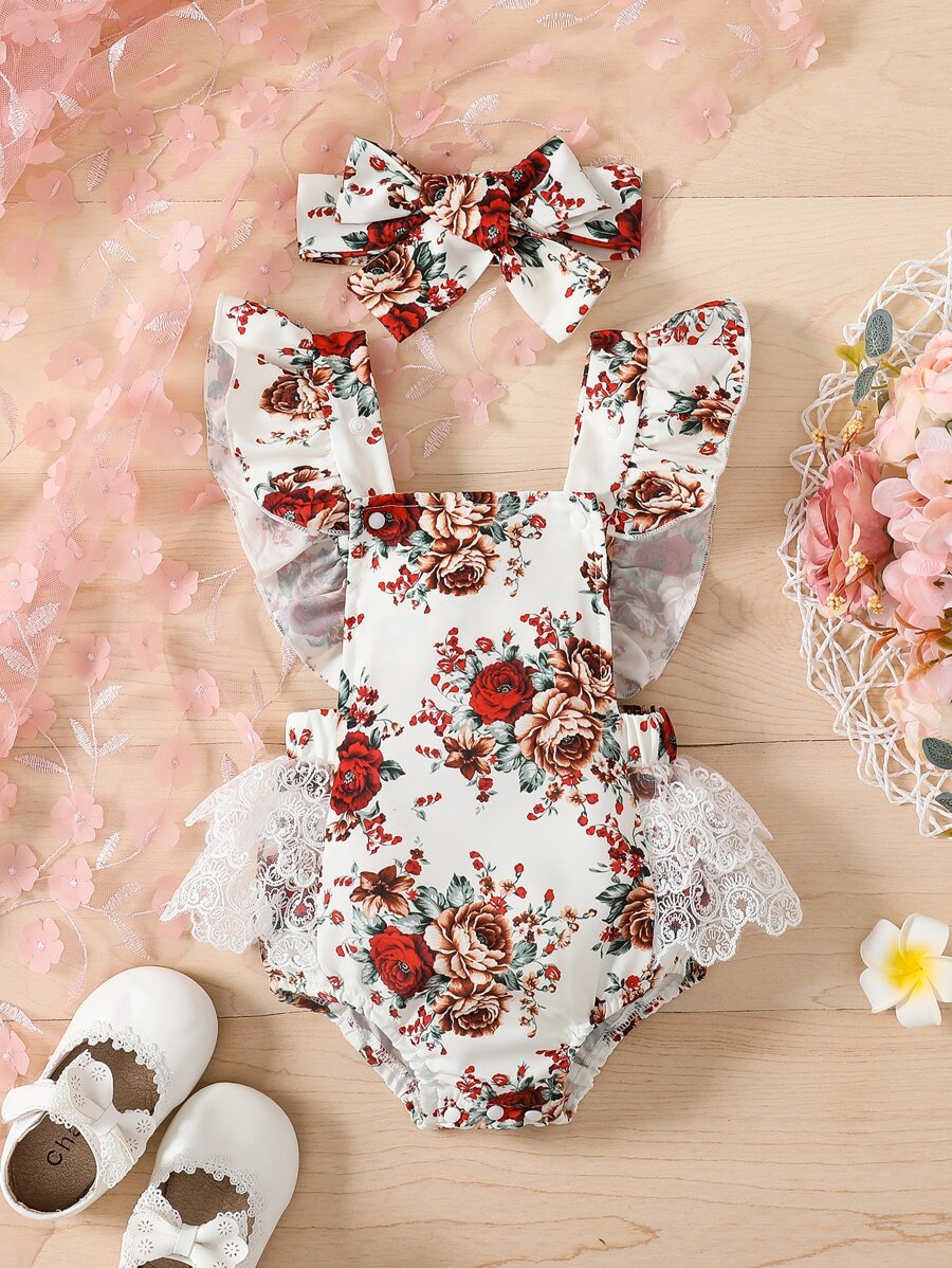 Baby Girl Floral Print Contrast Lace Ruffle Trim Bodysuit - White - View 1