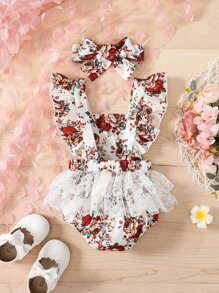 Baby Girl Floral Print Contrast Lace Ruffle Trim Bodysuit - White - View 2