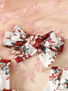 Baby Girl Floral Print Contrast Lace Ruffle Trim Bodysuit - White - View 3