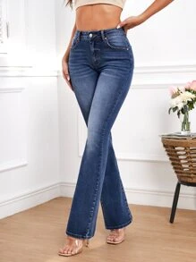 Slant Pocket Flare Leg Jeans - Dark Wash - View 1