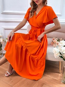 Breezaya 蝴蝶袖荷葉邊繫腰帶洋裝 - 橘色 - 查看 1