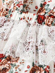 Baby Girl Floral Print Contrast Lace Ruffle Trim Bodysuit - White - View 5