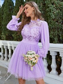 Simplee 亮片拼接燈籠袖波點網紗洋裝 - 紫丁香色 - 查看 1