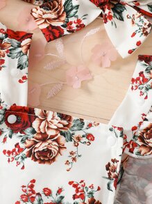 Baby Girl Floral Print Contrast Lace Ruffle Trim Bodysuit - White - View 6