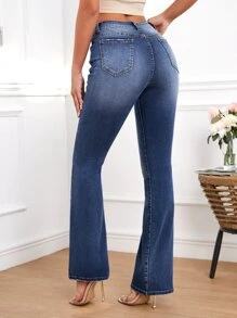 Slant Pocket Flare Leg Jeans - Dark Wash - View 2