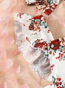 Baby Girl Floral Print Contrast Lace Ruffle Trim Bodysuit - White - View 7