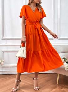 Breezaya 蝴蝶袖荷葉邊繫腰帶洋裝 - 橘色 - 查看 4