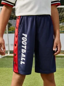 SHEIN 男孩字母圖案拼接側邊接縫紐扣細節短褲 - 藏蓝色 - 查看 1