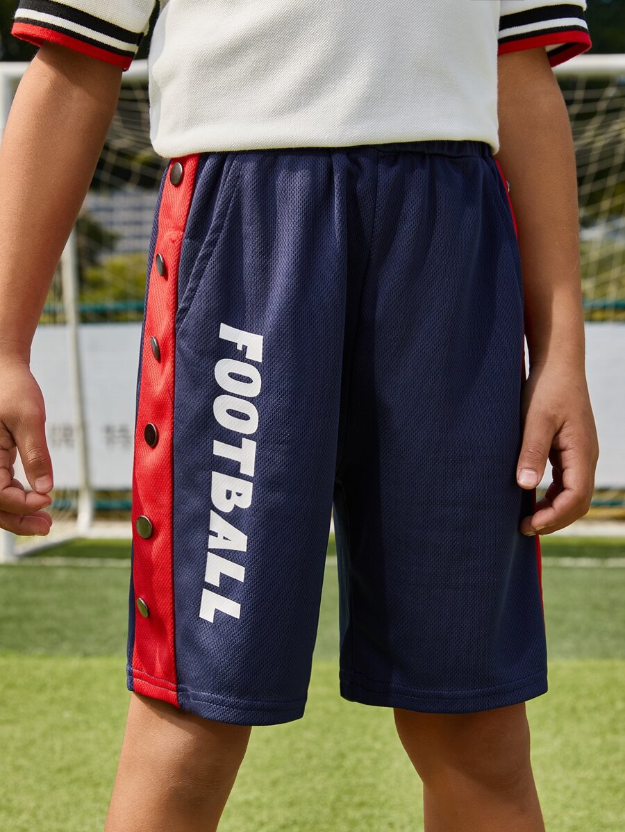 SHEIN 男孩字母圖案拼接側邊接縫紐扣細節短褲 - 藏蓝色 - 查看 1