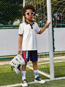 SHEIN 男孩字母圖案拼接側邊接縫紐扣細節短褲 - 藏蓝色 - 查看 7