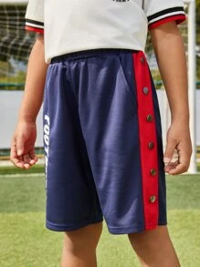 SHEIN 男孩字母圖案拼接側邊接縫紐扣細節短褲 - 藏蓝色 - 查看 9