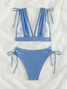 Solid Tie Shoulder Summer Beach Bikini Set - Blue - View 2