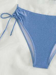 Solid Tie Shoulder Summer Beach Bikini Set - Blue - View 3