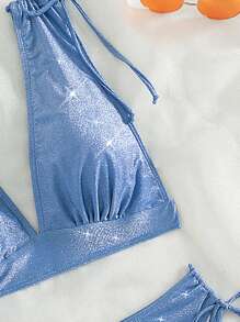 Solid Tie Shoulder Summer Beach Bikini Set - Blue - View 4