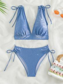 Solid Tie Shoulder Summer Beach Bikini Set - Blue - View 5