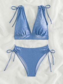Solid Tie Shoulder Summer Beach Bikini Set - Blue - View 6